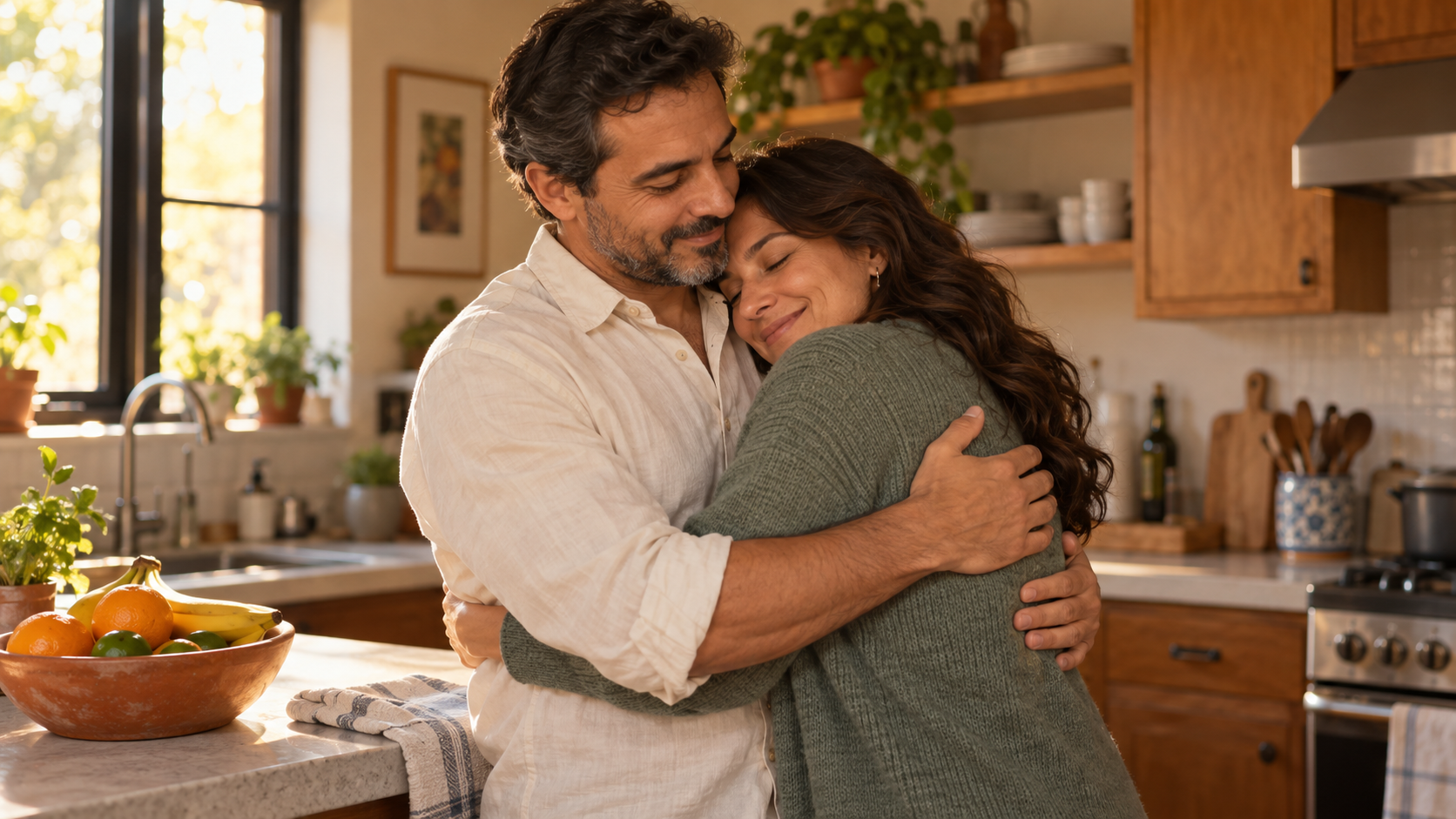 Una pareja comparte un abrazo espontáneo en la cocina de su hogar, iluminada por la luz cálida de la tarde.