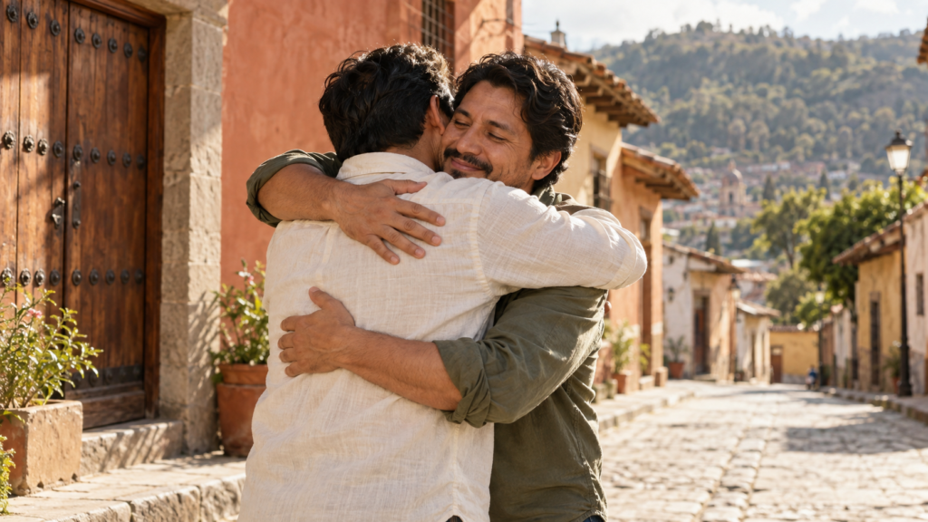 Dos amigos comparten un abrazo cálido en una calle iluminada por el sol de la tarde.