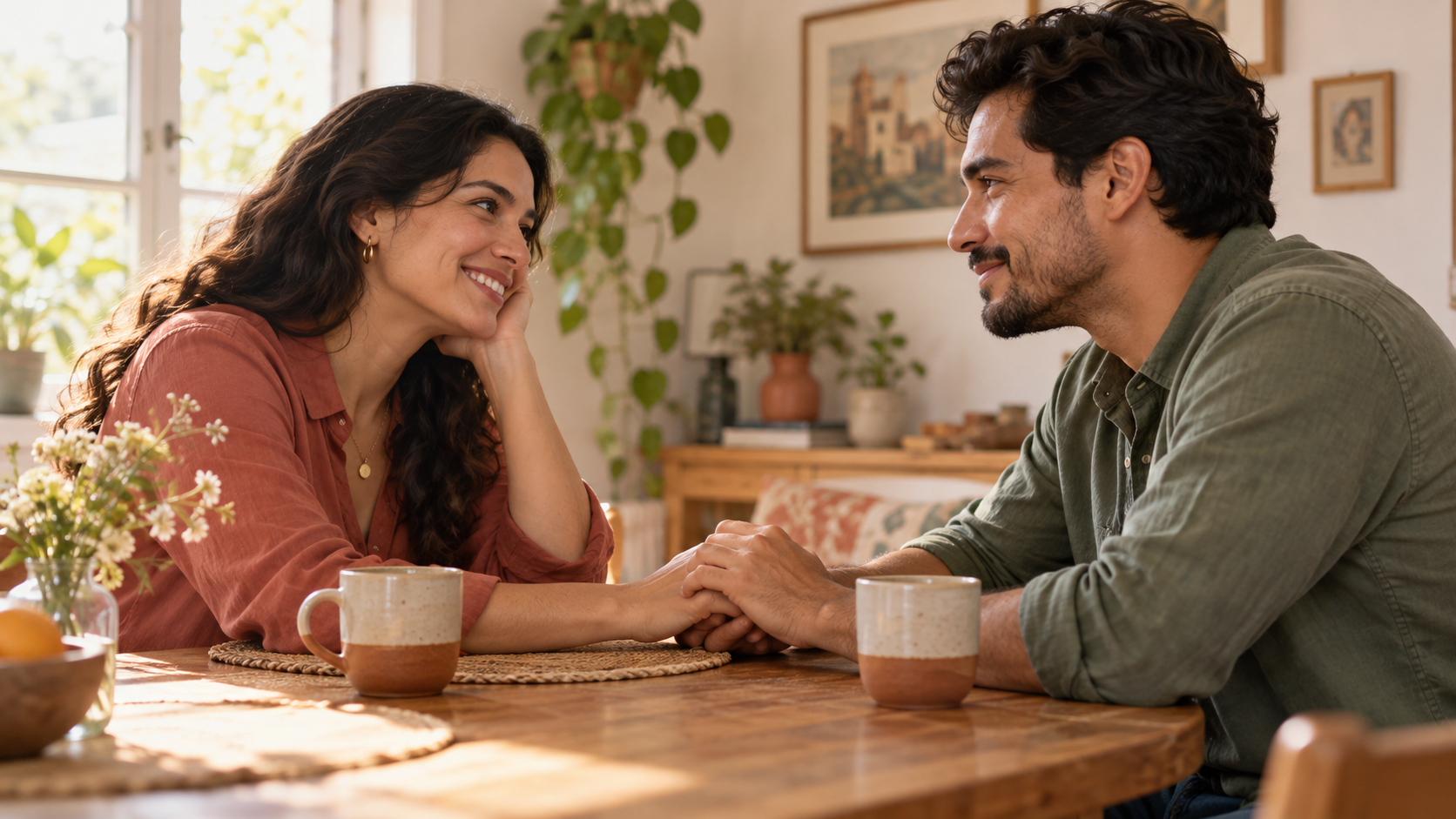 Una pareja se mira con cariño mientras se toma de las manos junto a dos tazas de café.