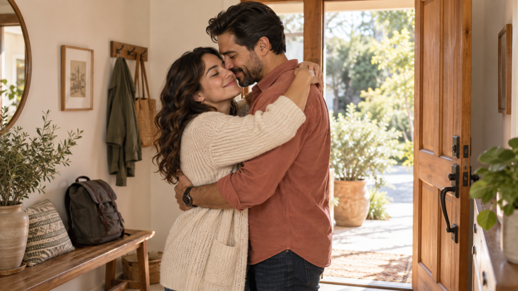 Una pareja se abraza con cariño junto a la puerta de su hogar antes de comenzar el día.