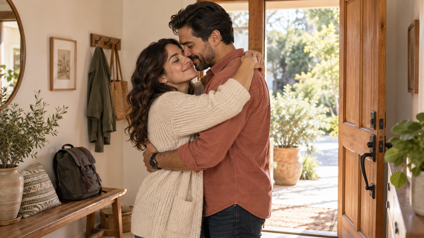 Una pareja se abraza con cariño junto a la puerta de su hogar antes de comenzar el día.